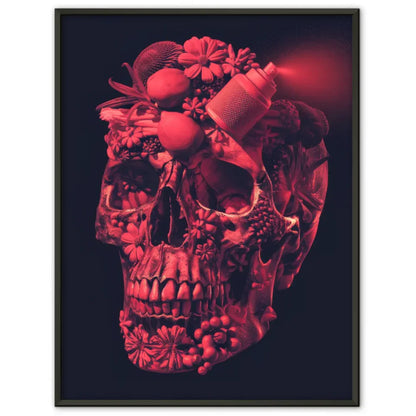 Kunstvolles Poster mit Totenkopf aus Blumen und Früchten in Rot