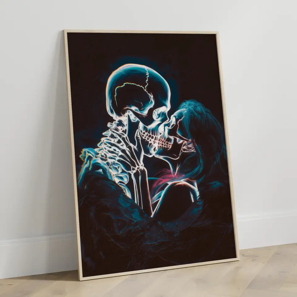 Neon Schädel Poster für romantische Küsse im dunklen Abgrund