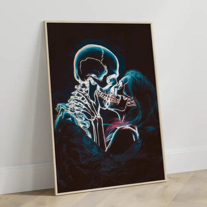 Neon Schädel Poster für romantische Küsse im dunklen Abgrund