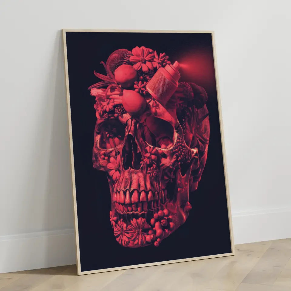 Kunstvolles Poster mit Totenkopf aus Blumen und Früchten in Rot