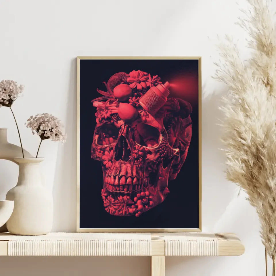 Kunstvolles Poster mit Totenkopf aus Blumen und Früchten in Rot