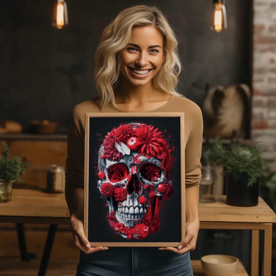 Poster mit detailreichem Totenkopf aus Blumen und Früchten gestalten