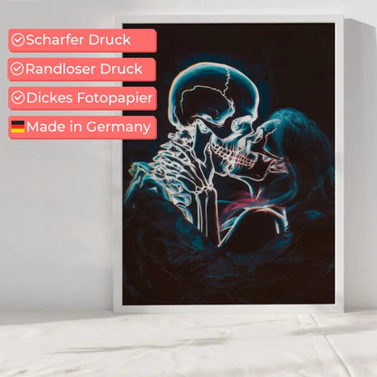 Neon Schädel Poster für romantische Küsse im dunklen Abgrund