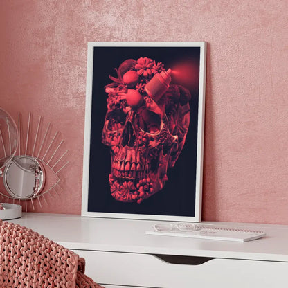 Kunstvolles Poster mit Totenkopf aus Blumen und Früchten in Rot
