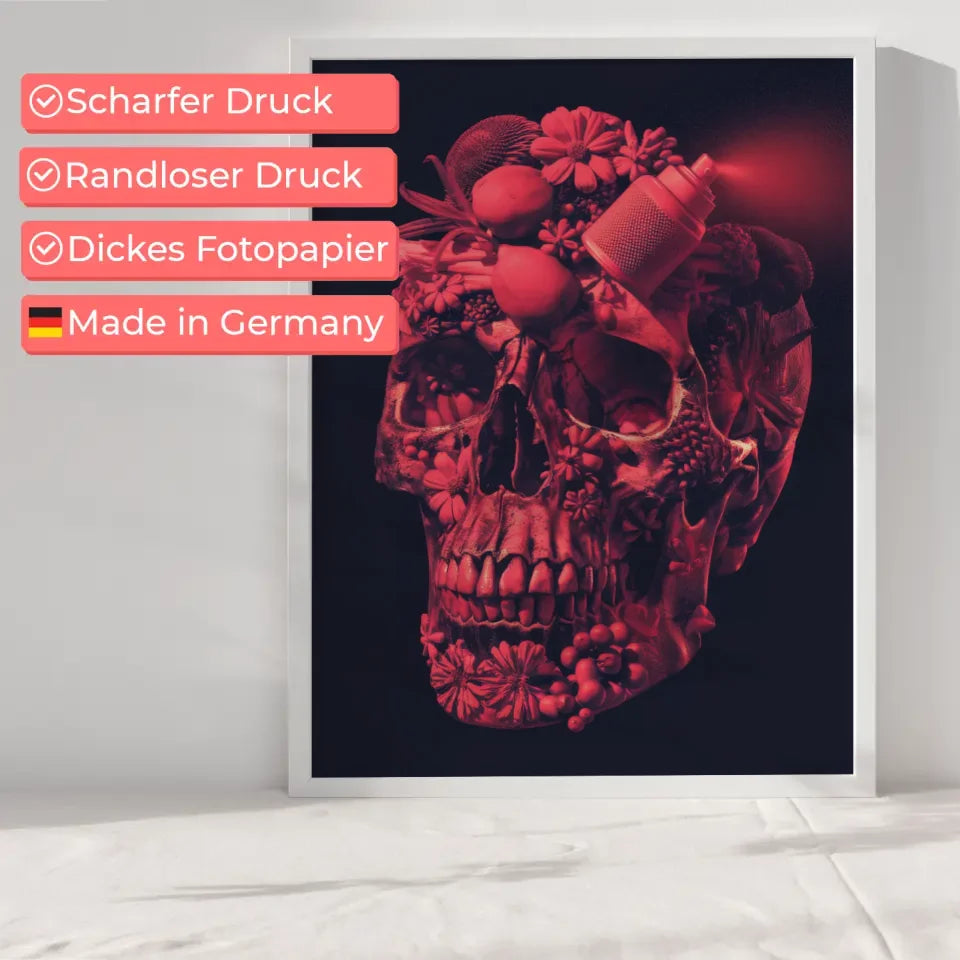 Kunstvolles Poster mit Totenkopf aus Blumen und Früchten in Rot