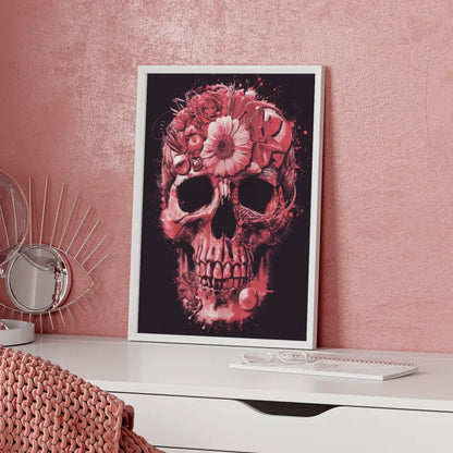 Poster mit Totenkopf Kunstwerk in Rottönen und Blumenmotiven