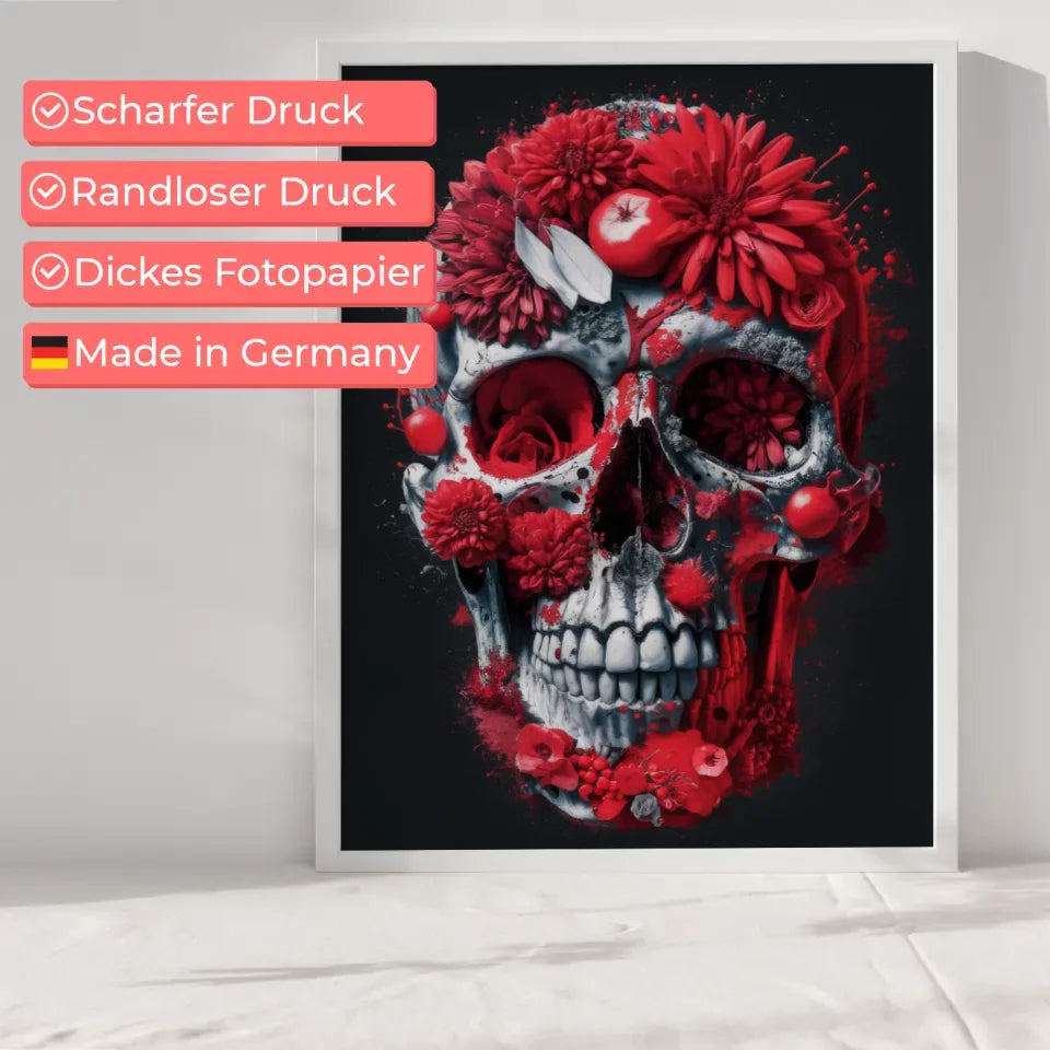 Poster mit detailreichem Totenkopf aus Blumen und Früchten gestalten