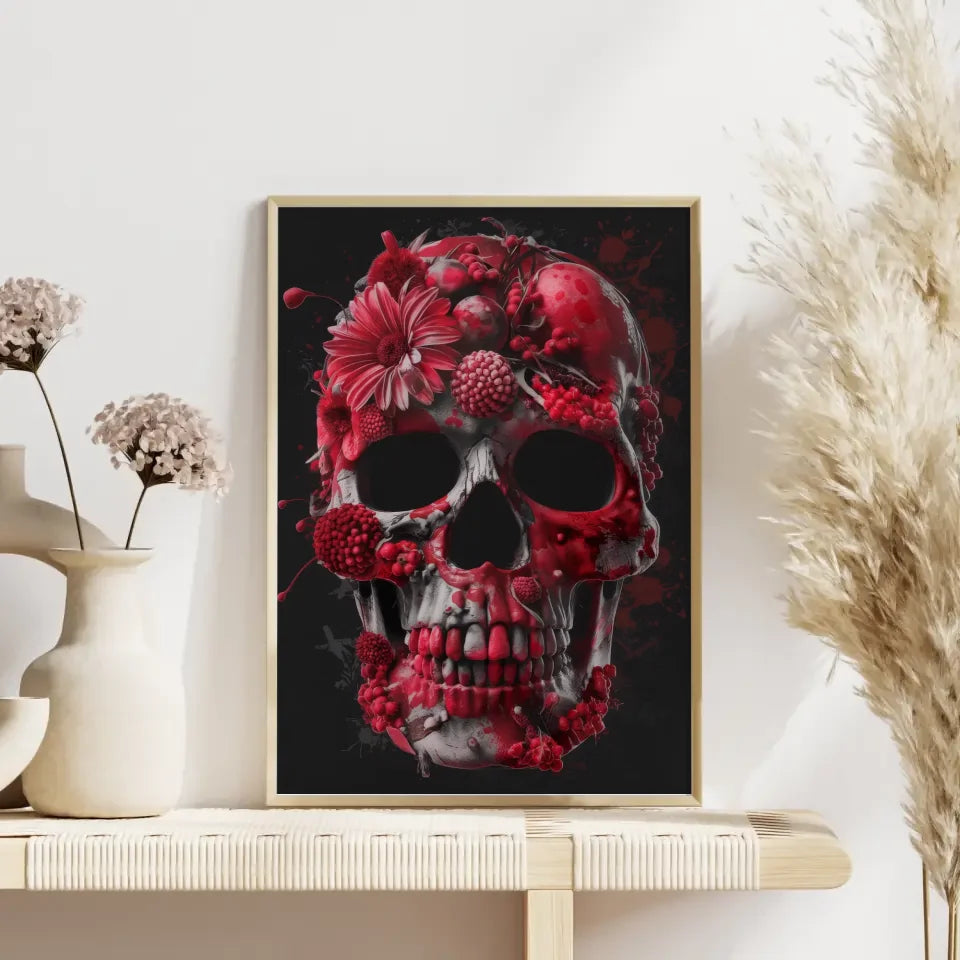 Poster mit detailreichem Totenkopf aus Blumen und Früchten gestalten