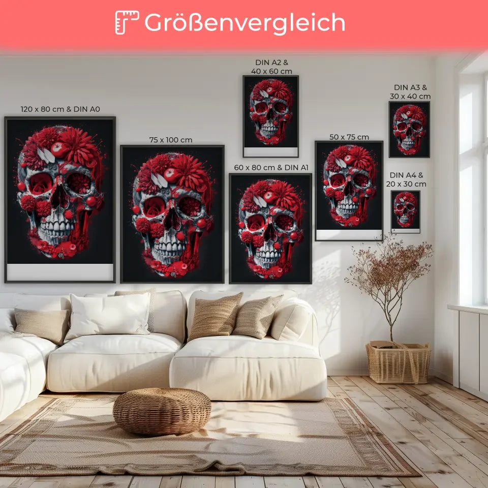 Poster mit detailreichem Totenkopf aus Blumen und Früchten gestalten