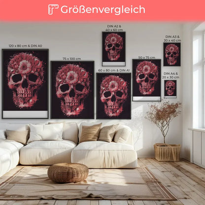 Poster mit Totenkopf Kunstwerk in Rottönen und Blumenmotiven