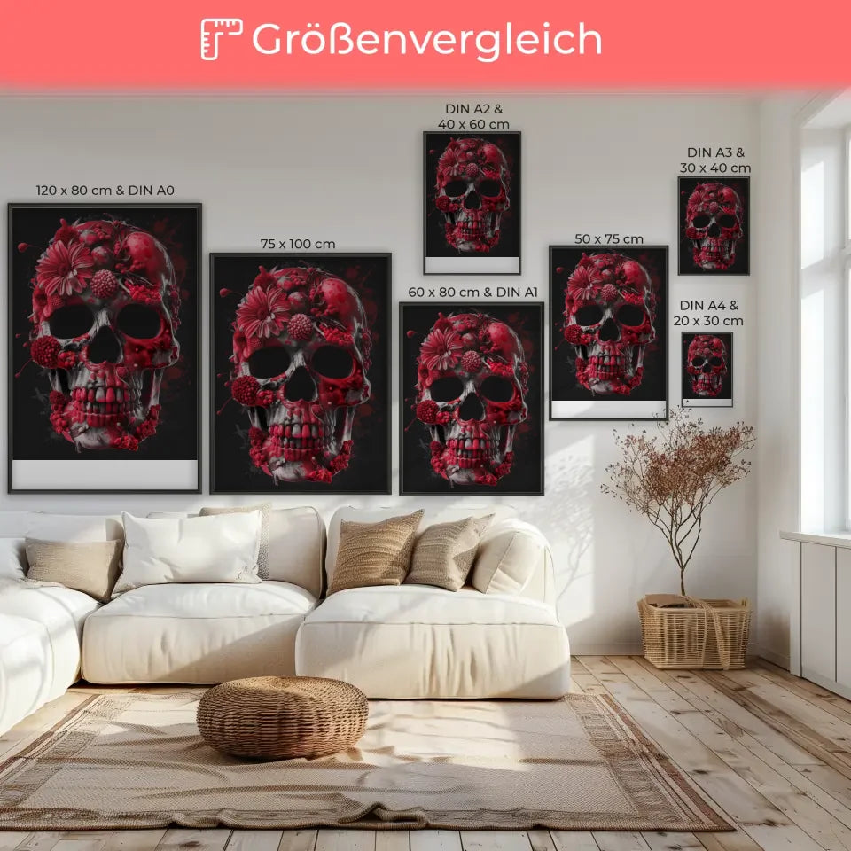 Poster mit detailreichem Totenkopf aus Blumen und Früchten gestalten