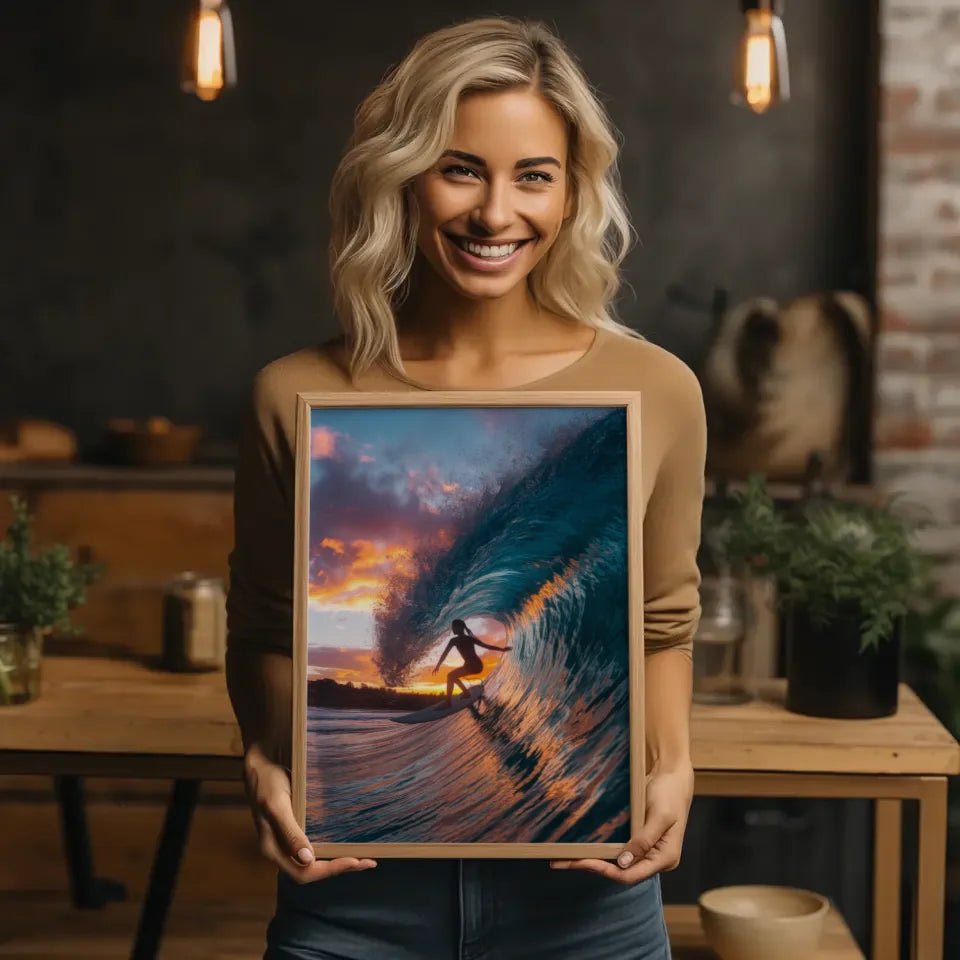 Poster Surferin auf Welle im Sonnenuntergang mit kreativen Farben