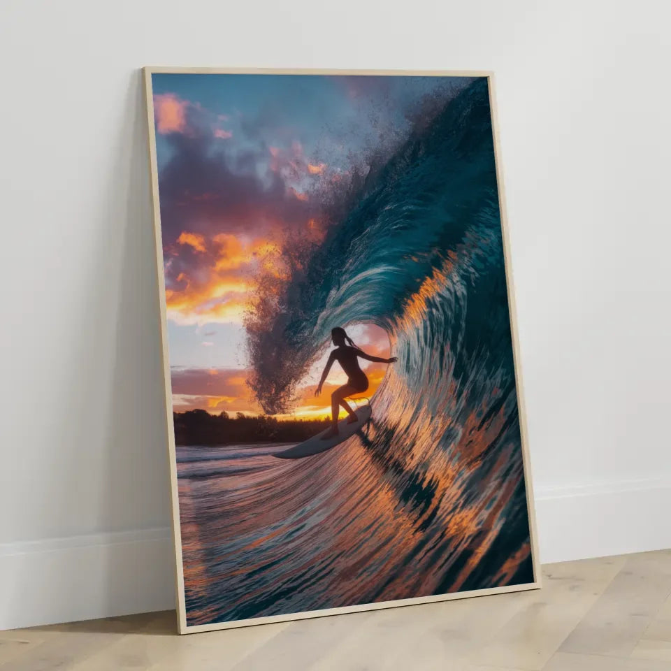 Poster Surferin auf Welle im Sonnenuntergang mit kreativen Farben