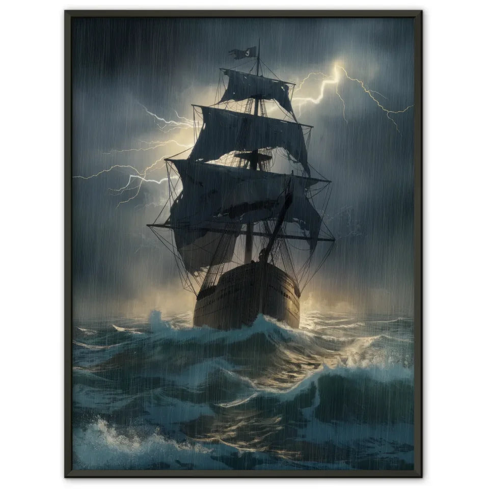 Dramatisches Poster alter Schiffe in stürmischer See mit Blitzlicht