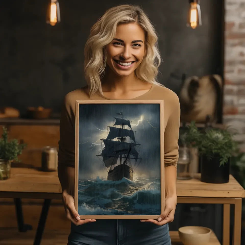 Dramatisches Poster alter Schiffe in stürmischer See mit Blitzlicht