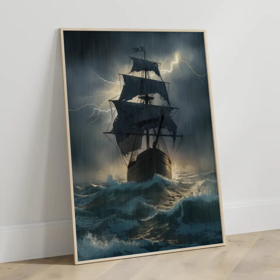 Dramatisches Poster alter Schiffe in stürmischer See mit Blitzlicht