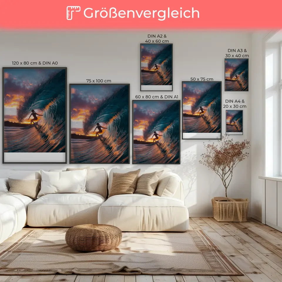 Poster Surferin auf Welle im Sonnenuntergang mit kreativen Farben