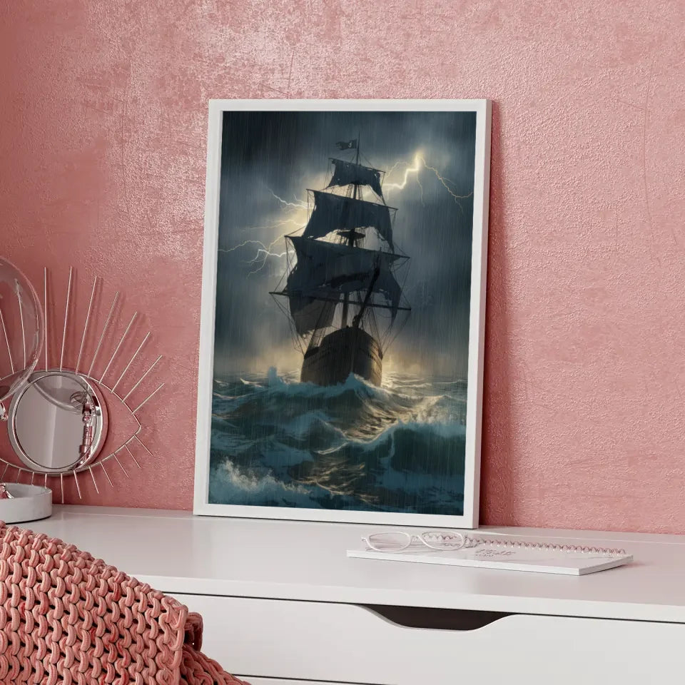 Dramatisches Poster alter Schiffe in stürmischer See mit Blitzlicht