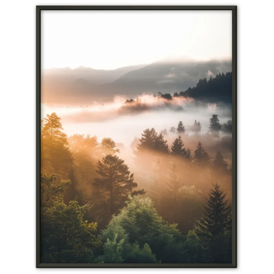 Poster nebliger Sonnenaufgang im Wald mit Bergen und goldenem Licht