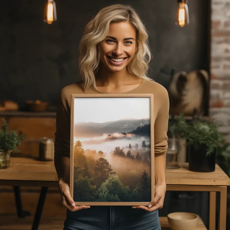 Poster nebliger Sonnenaufgang im Wald mit Bergen und goldenem Licht