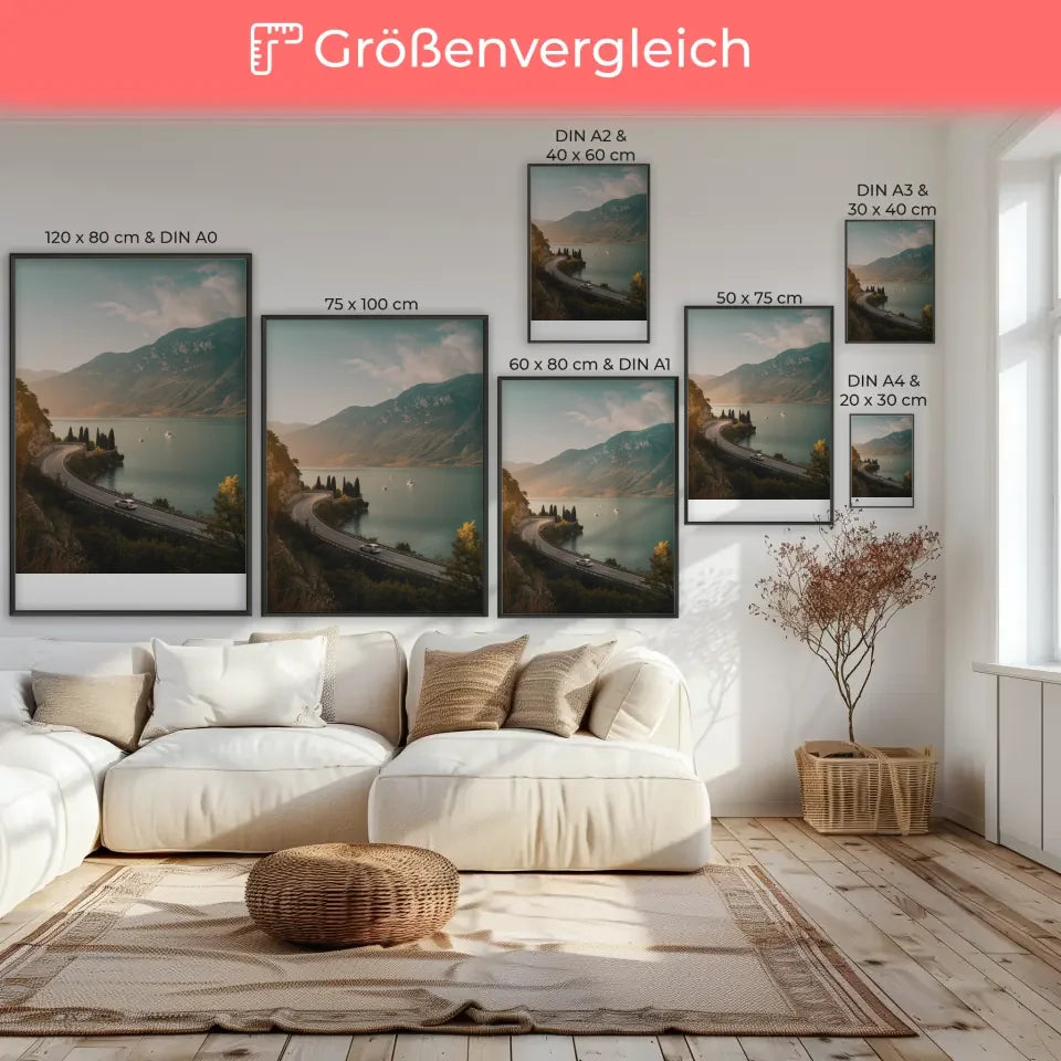 Poster mit ruhiger Strandszene bei Sonnenuntergang für gemütliches Wohnen