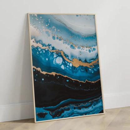 Eleganter Poster mit fließendem Design in Blau und Gold für stilvolle Räume