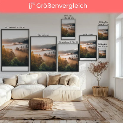 Poster nebliger Sonnenaufgang im Wald mit Bergen und goldenem Licht