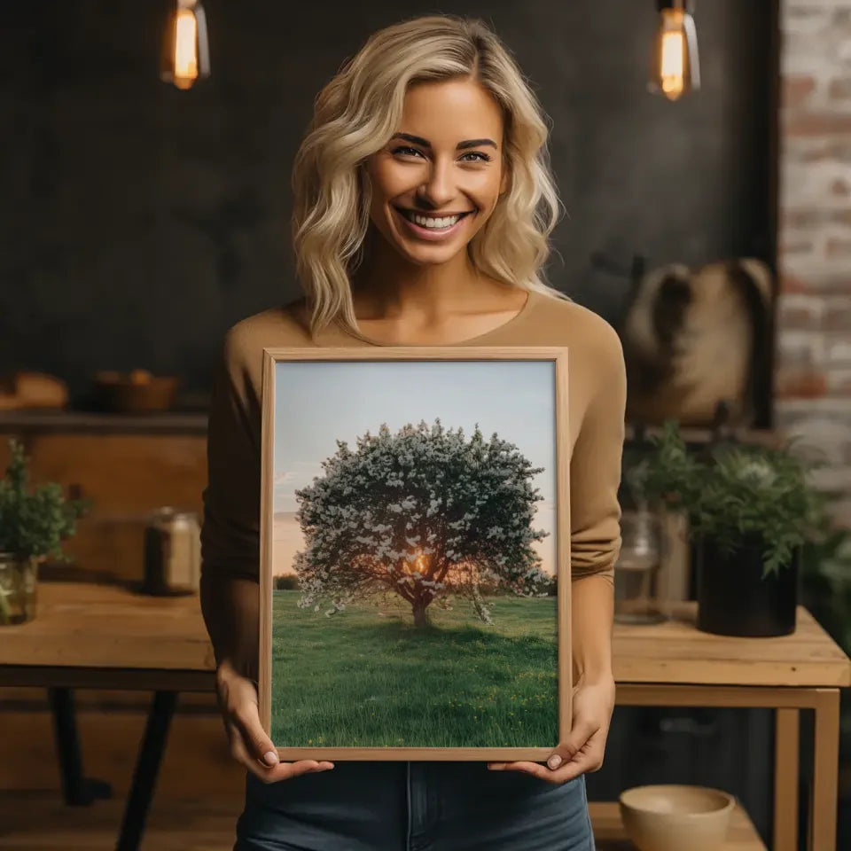 Poster eines blühenden Baumes in der Abendsonne auf grüner Wiese