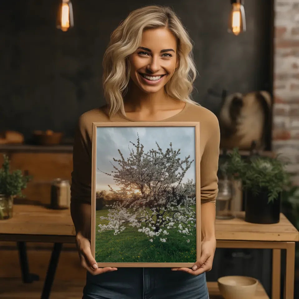 Poster blühender Baum auf grüner Wiese mit gelben Blumen für dein Zuhause