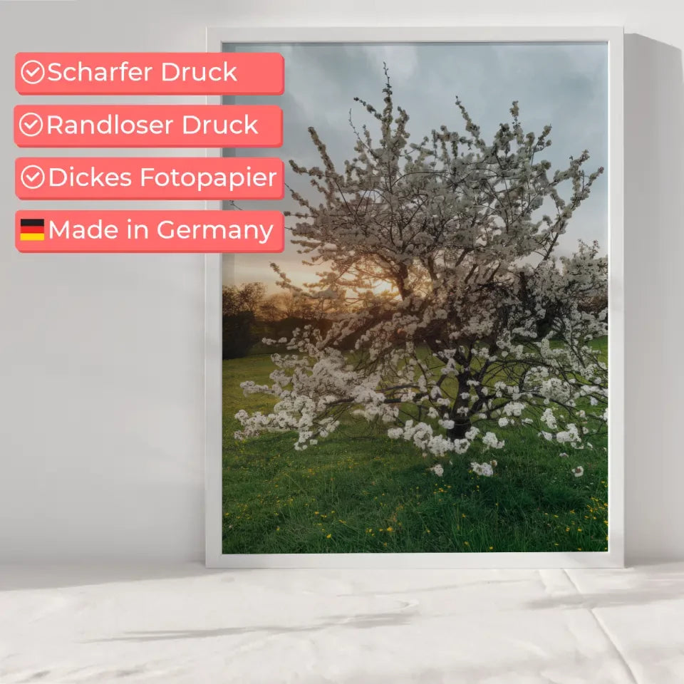 Poster blühender Baum auf grüner Wiese mit gelben Blumen für dein Zuhause