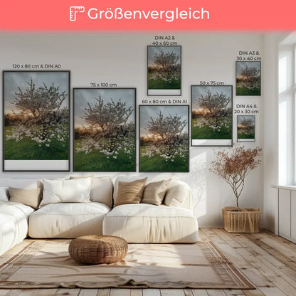 Poster blühender Baum auf grüner Wiese mit gelben Blumen für dein Zuhause