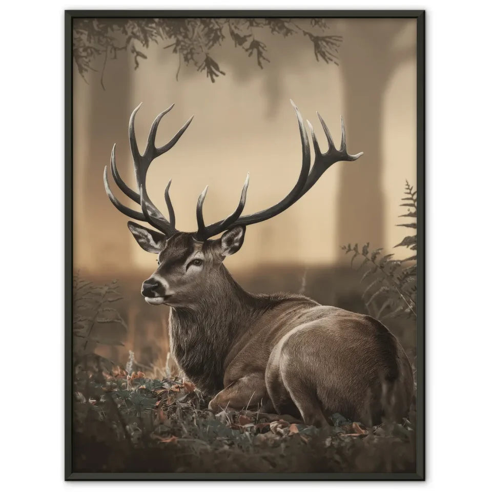 Majestätischer Hirsch Poster im sanften goldenen Waldlicht für Ihr Zuhause