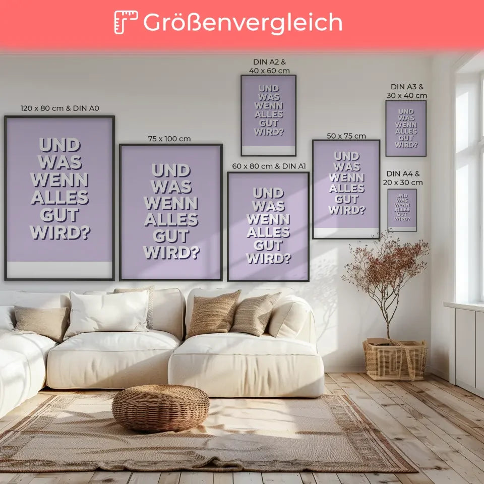 Poster mit hellviolettem Hintergrund und inspirierendem Text alles gut wird