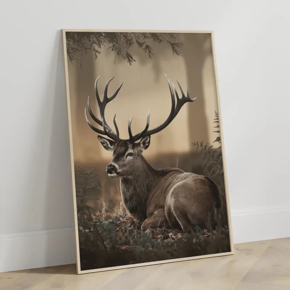 Majestätischer Hirsch Poster im sanften goldenen Waldlicht für Ihr Zuhause