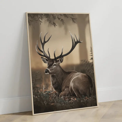 Majestätischer Hirsch Poster im sanften goldenen Waldlicht für Ihr Zuhause