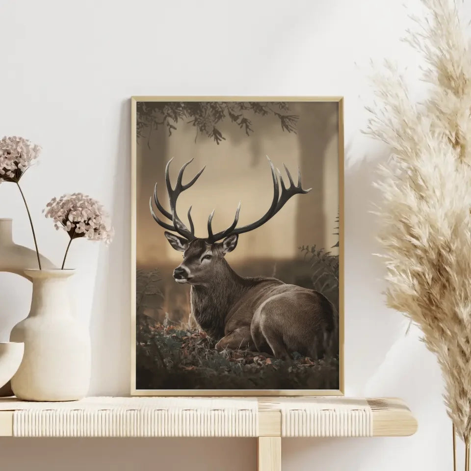 Majestätischer Hirsch Poster im sanften goldenen Waldlicht für Ihr Zuhause