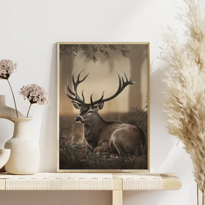 Majestätischer Hirsch Poster im sanften goldenen Waldlicht für Ihr Zuhause