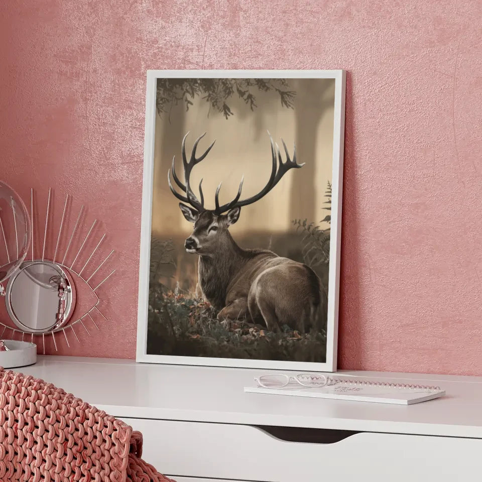 Majestätischer Hirsch Poster im sanften goldenen Waldlicht für Ihr Zuhause