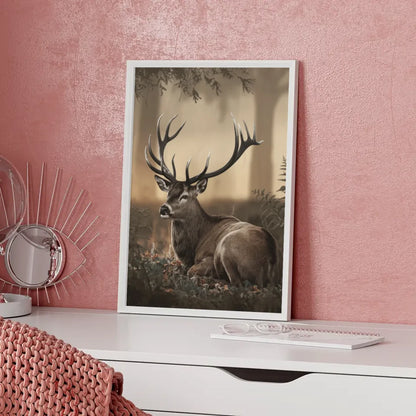 Majestätischer Hirsch Poster im sanften goldenen Waldlicht für Ihr Zuhause