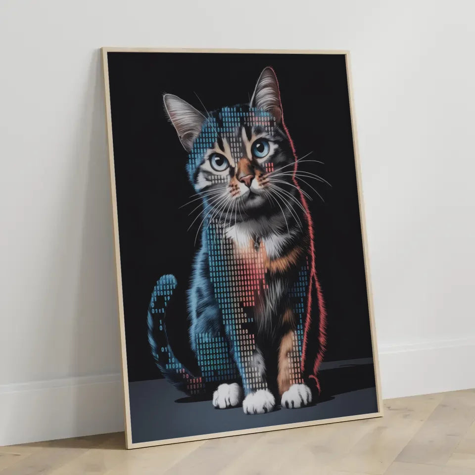 Faszinierendes Poster mit Katze im Binärcode für digitale Kunstliebhaber