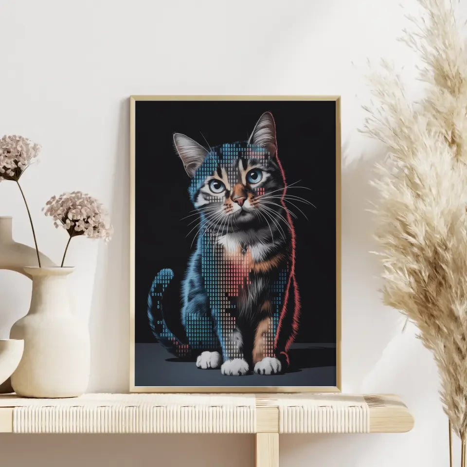 Faszinierendes Poster mit Katze im Binärcode für digitale Kunstliebhaber