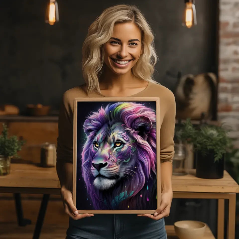 Faszinierendes Löwen Poster mit bunten Mustern und traumhaftem Design