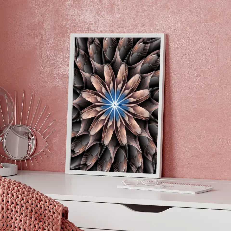 Faszinierendes Poster mit floralem Mandala Muster in Blau und Braun