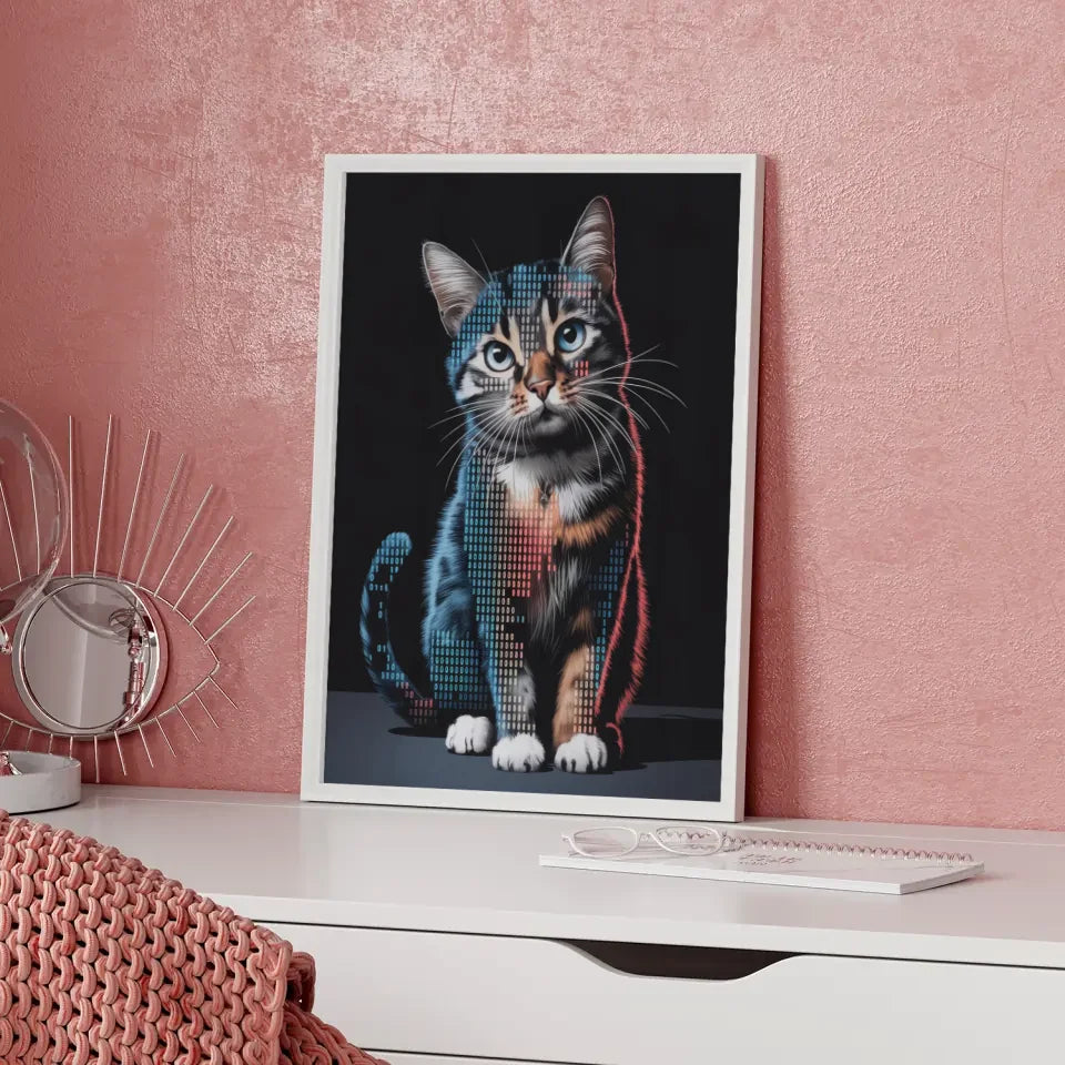 Faszinierendes Poster mit Katze im Binärcode für digitale Kunstliebhaber