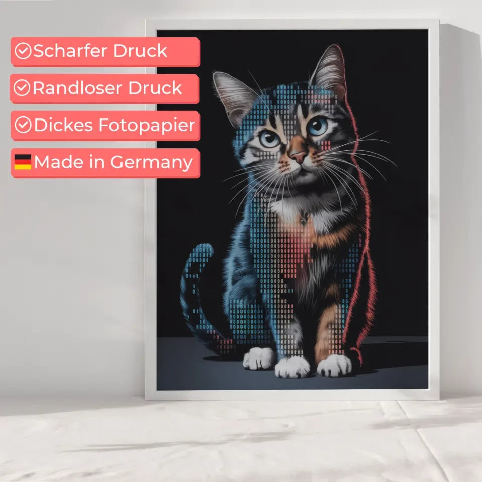 Faszinierendes Poster mit Katze im Binärcode für digitale Kunstliebhaber