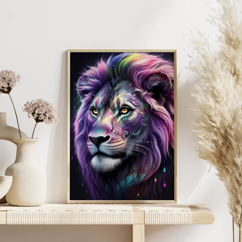 Faszinierendes Löwen Poster mit bunten Mustern und traumhaftem Design