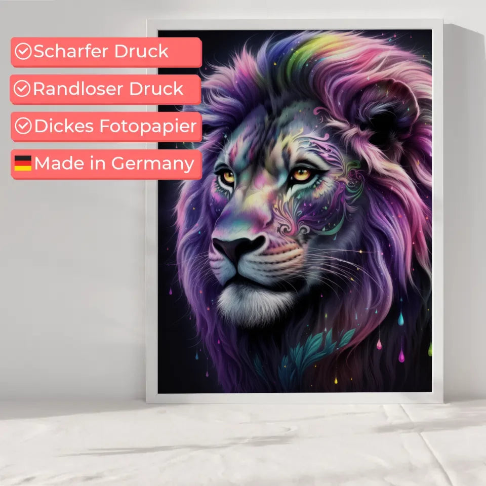 Faszinierendes Löwen Poster mit bunten Mustern und traumhaftem Design
