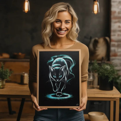 Mystische Katze Poster mit Glitzerkunst und blauen Augen für dein Zuhause