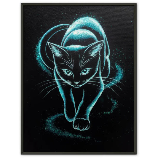 Magische Katze Poster mit Glitzerkunst in schwarz-weiß und blauem Blick