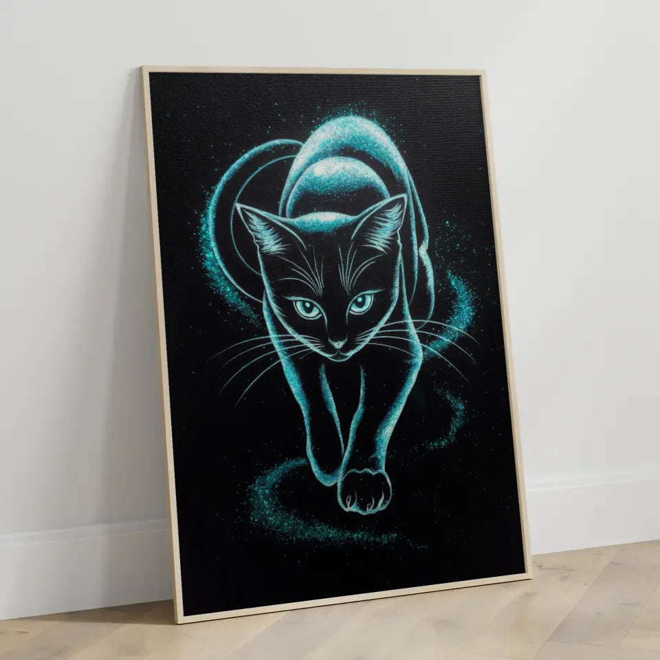 Magische Katze Poster mit Glitzerkunst in schwarz-weiß und blauem Blick